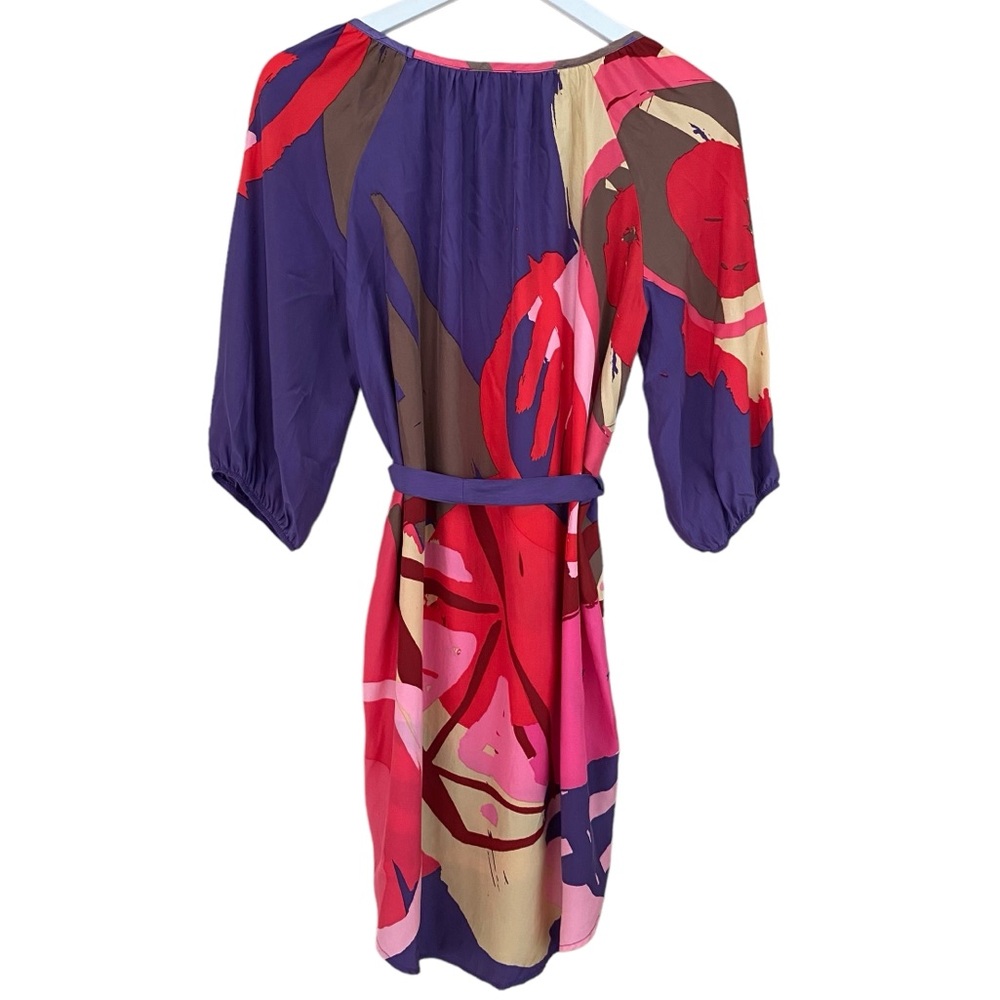 GLAM 100% Silk Colorful Abstract Belted High‎ Low 3/4 Sleeve Dress Size Small - Picture 2 of 7